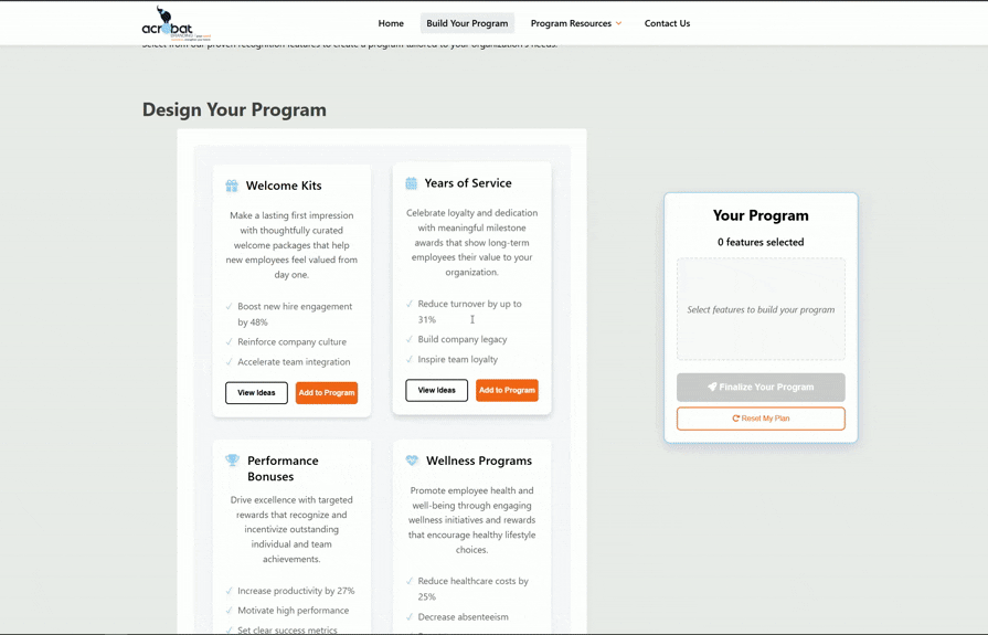 Animation showing drag and drop program builder interface
