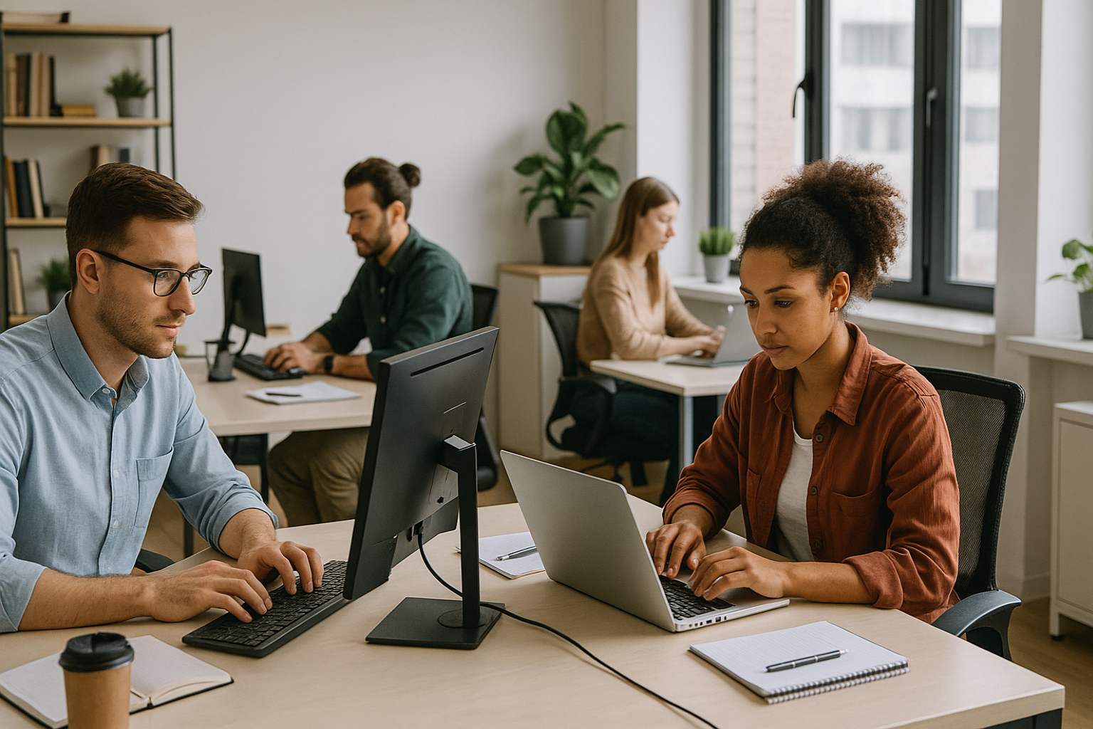 Successful workplace with employees collaborating